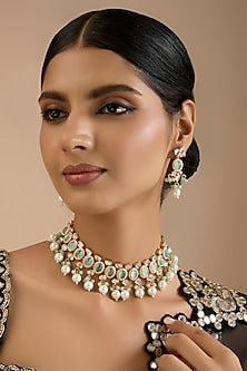 Gold Finish Kundan Polki & Green Stone Necklace Set