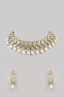 Gold Finish Kundan Polki & Green Stone Necklace Set