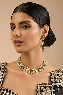 Gold Finish Kundan Polki & Green Stone Necklace Set