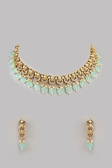 Gold Finish Kundan Polki & Green Stone Necklace Set