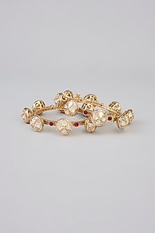 Gold Finish Kundan Polki & White Stone Bangle (Set Of 2)