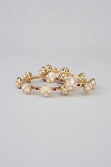 Gold Finish Kundan Polki & White Stone Bangle (Set Of 2)