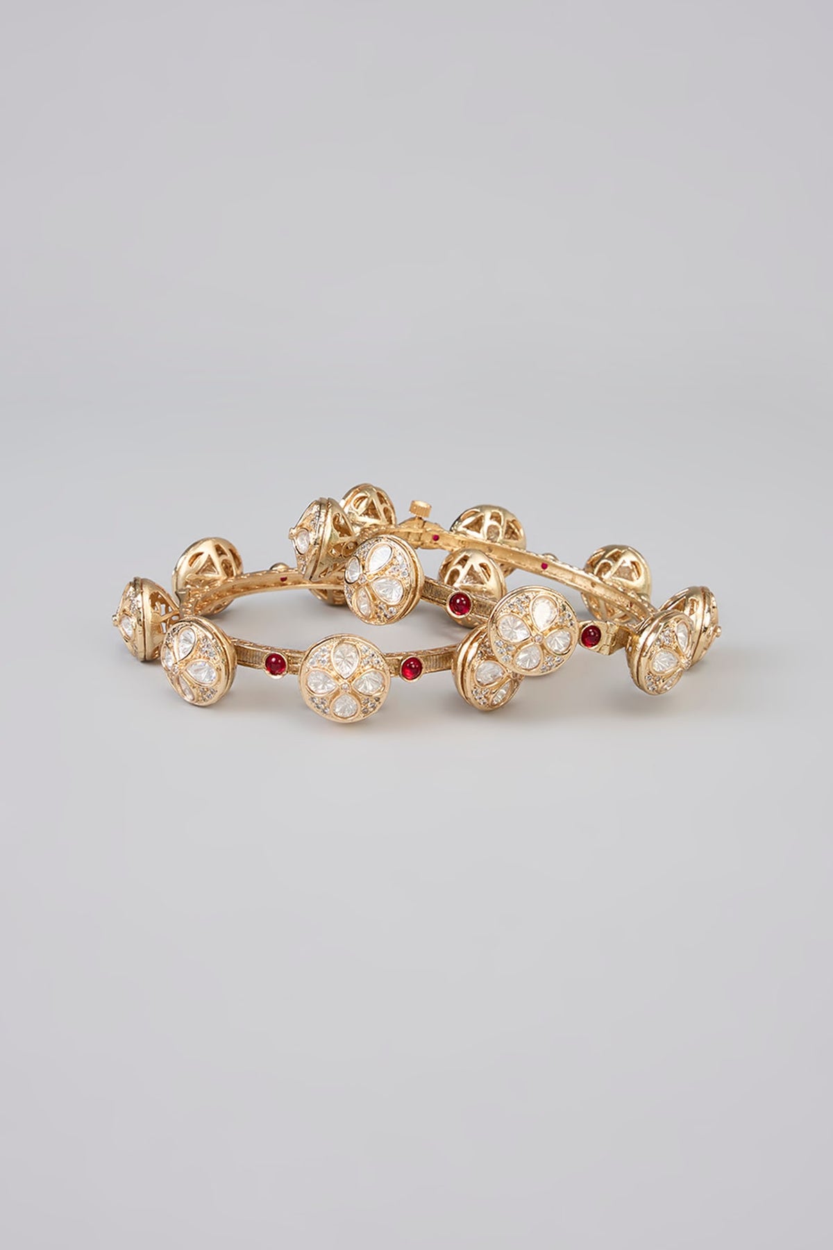 Gold Finish Kundan Polki & White Stone Bangle (Set Of 2)