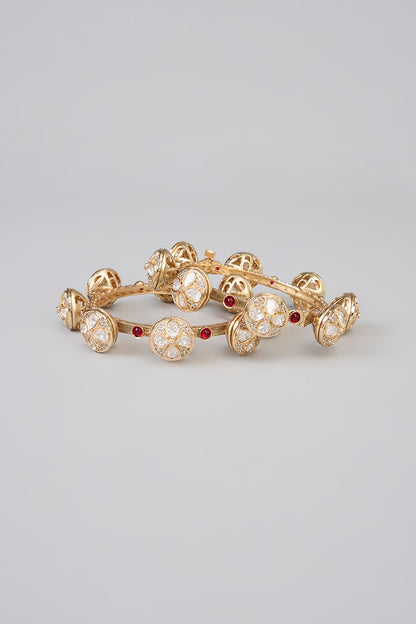 Gold Finish Kundan Polki & White Stone Bangle (Set Of 2)
