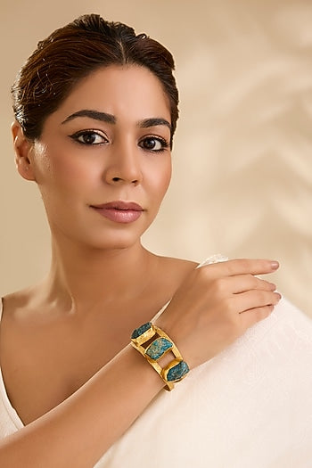 Gold Finish Uncut Turquoise Stone Cuff Bracelet