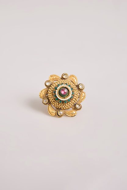 Gold Finish Multi-Colored Stone Floral Ring