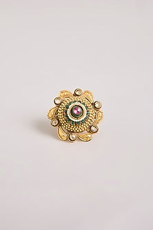Gold Finish Multi-Colored Stone Floral Ring
