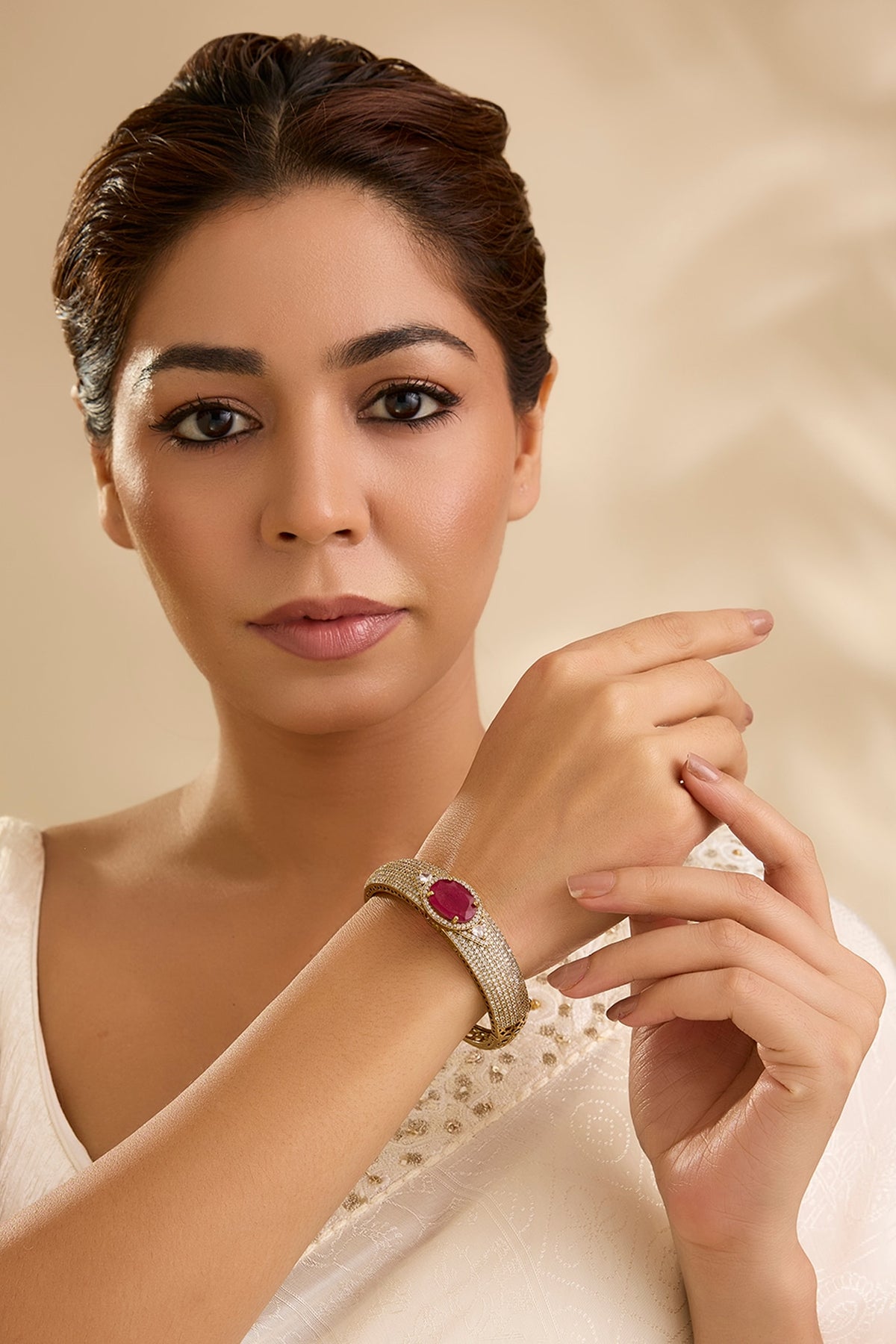 Gold Finish American Diamond & Pink Stone Bracelet