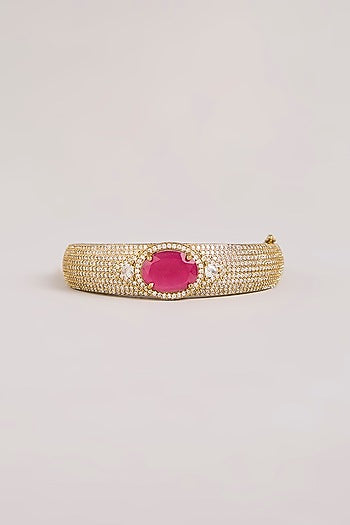 Gold Finish American Diamond & Pink Stone Bracelet