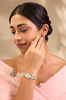 Gold Finish Kundan Polki Floral Cuff Bracelet