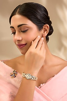 Gold Finish Kundan Polki Floral Cuff Bracelet