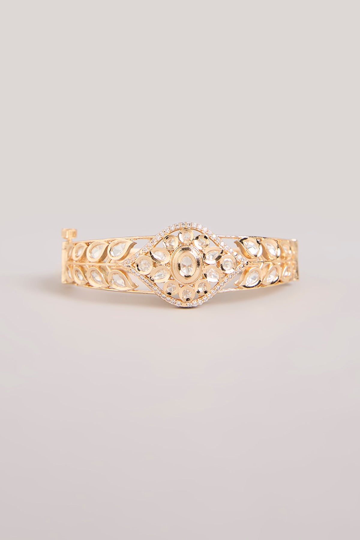Gold Finish Kundan Polki Floral Cuff Bracelet