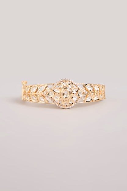 Gold Finish Kundan Polki Floral Cuff Bracelet