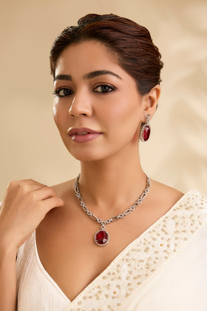 Silver Finish Oval-Shaped Red Gemstone Pendant Necklace Set