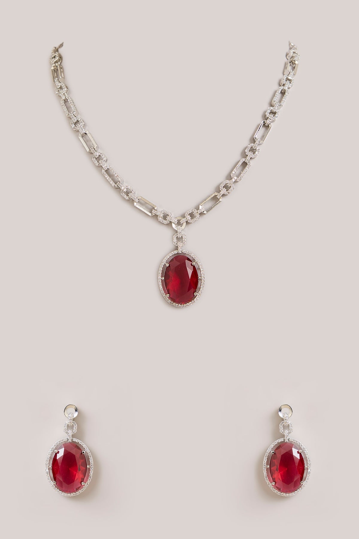 Silver Finish Oval-Shaped Red Gemstone Pendant Necklace Set