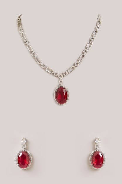 Silver Finish Oval-Shaped Red Gemstone Pendant Necklace Set