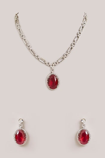Silver Finish Oval-Shaped Red Gemstone Pendant Necklace Set