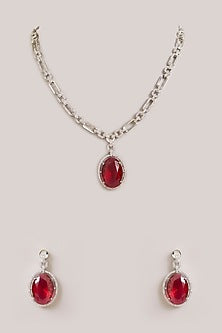 Silver Finish Oval-Shaped Red Gemstone Pendant Necklace Set