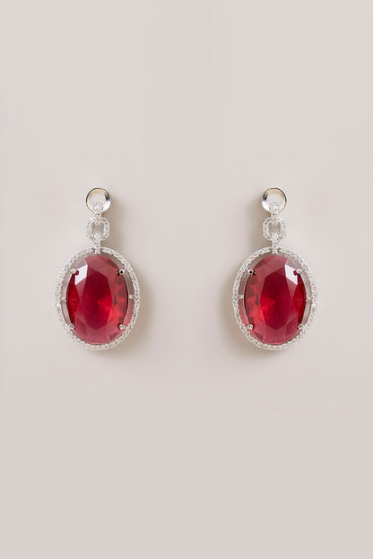 Silver Finish Oval-Shaped Red Gemstone Pendant Necklace Set