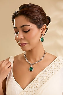 Silver Finish Oval-Shaped Green Gemstone Pendant Necklace Set