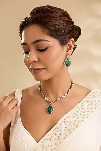 Silver Finish Oval-Shaped Green Gemstone Pendant Necklace Set