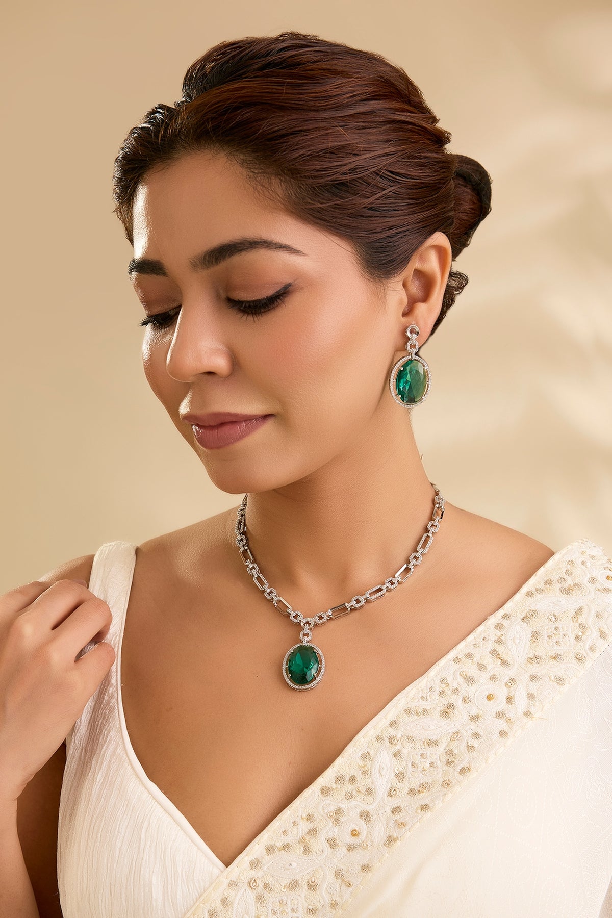 Silver Finish Oval-Shaped Green Gemstone Pendant Necklace Set
