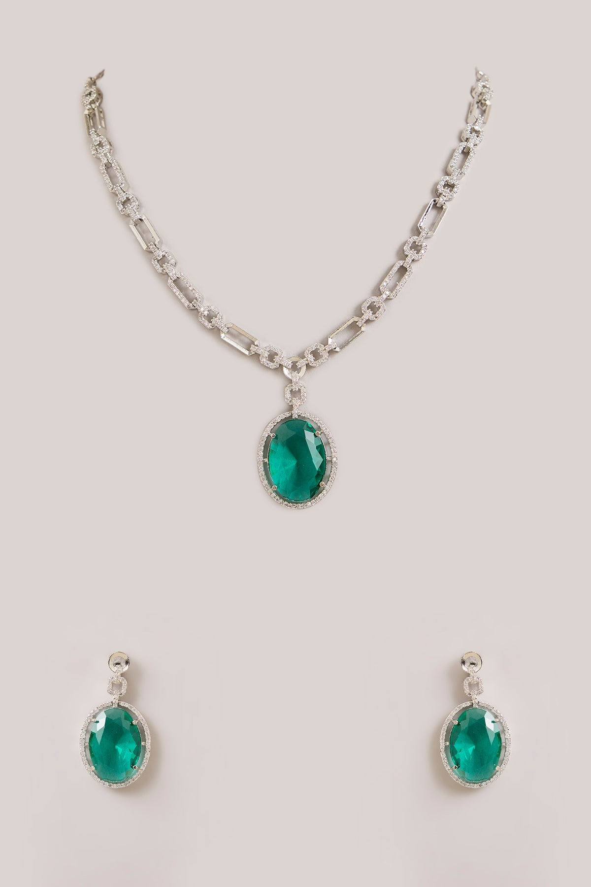 Silver Finish Oval-Shaped Green Gemstone Pendant Necklace Set