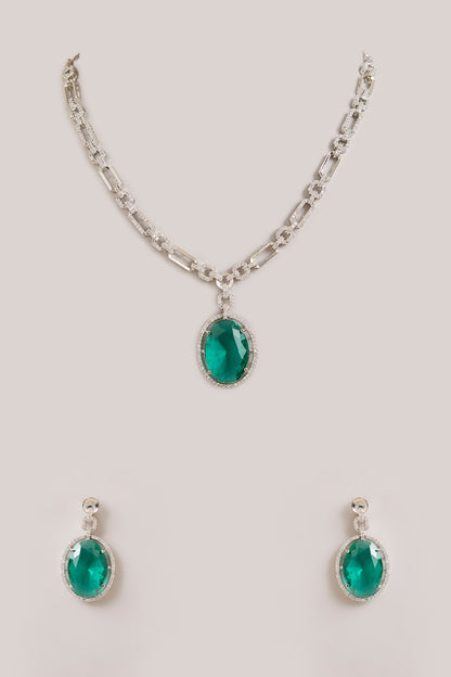Silver Finish Oval-Shaped Green Gemstone Pendant Necklace Set