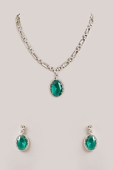 Silver Finish Oval-Shaped Green Gemstone Pendant Necklace Set