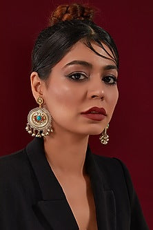 Oxidised Two-Tone Finish Kundan Polki & Stone Chandbali Earrings