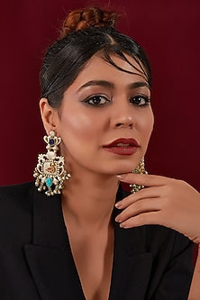 Oxidised Two-Tone Finish Kundan Polki & Stone Chandbali Earrings