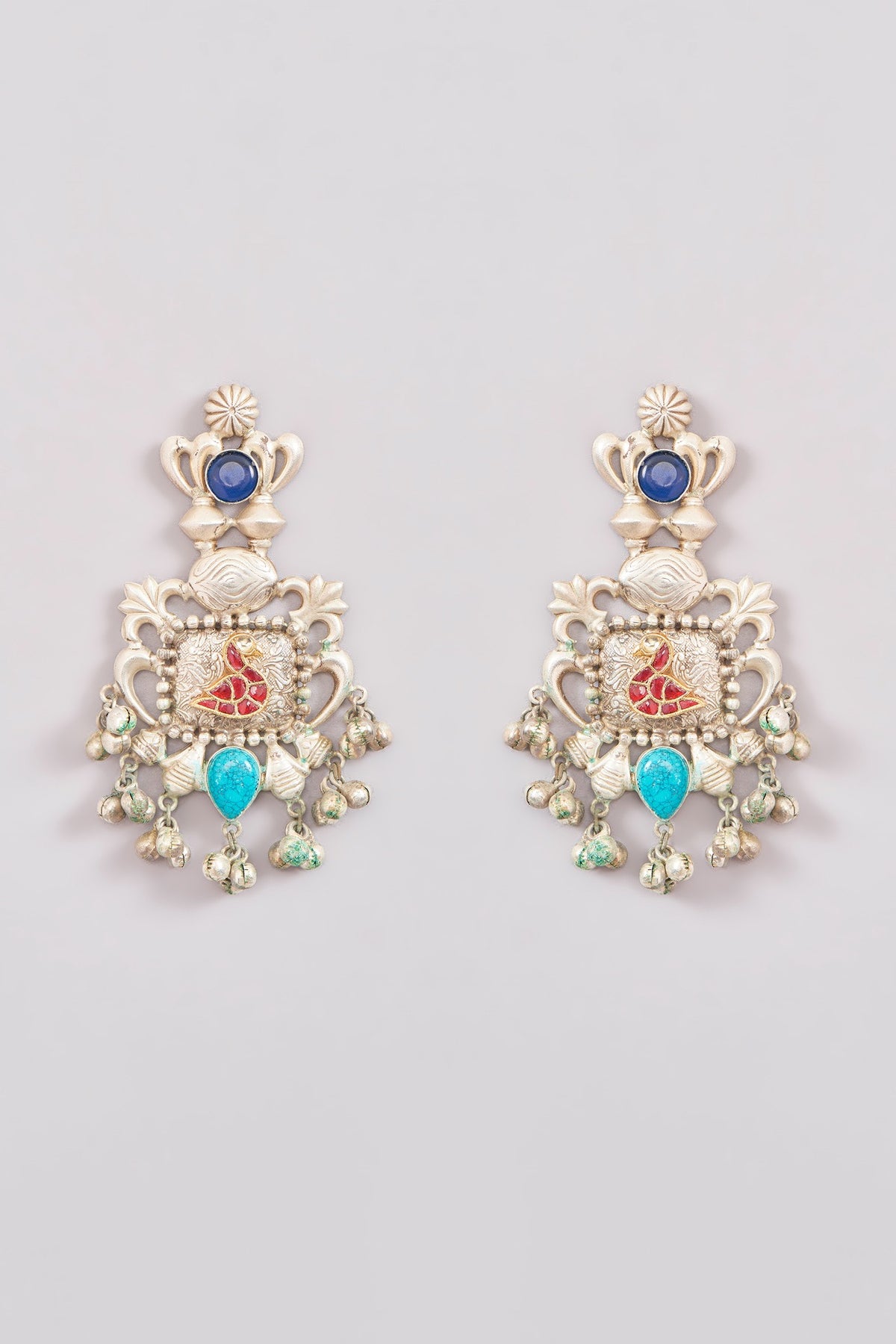 Oxidised Two-Tone Finish Kundan Polki & Stone Chandbali Earrings