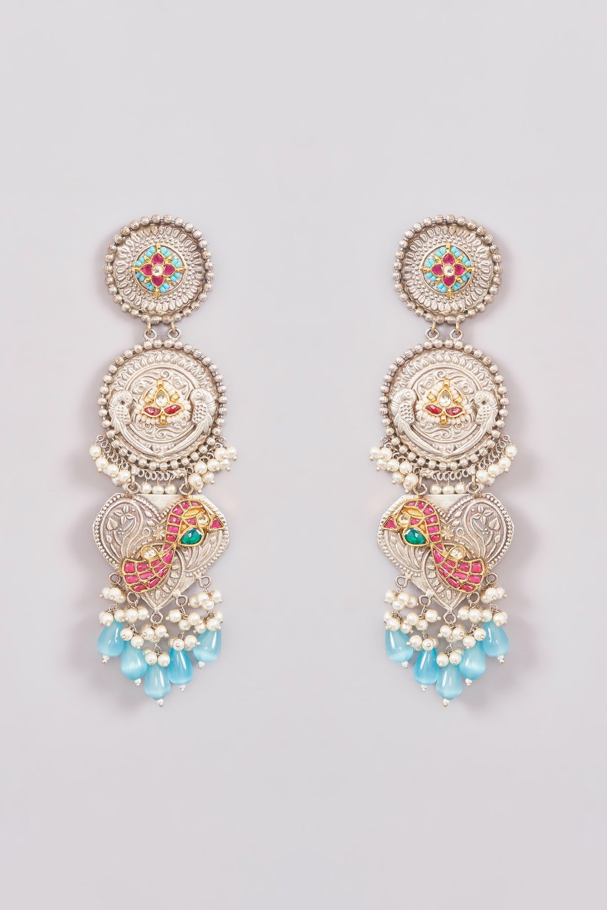 Oxidised Two-Tone Finish Kundan Polki & Stone Chandbali Earrings