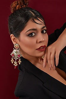 Oxidised Two-Tone Finish Kundan Polki & Stone Chandbali Earrings