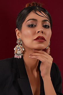 Oxidised Two-Tone Finish Kundan Polki & Stone Chandbali Earrings