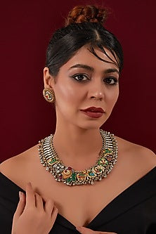 Oxidised Two-Tone Finish Green Kundan Polki Necklace Set