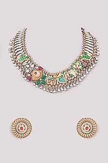 Oxidised Two-Tone Finish Green Kundan Polki Necklace Set