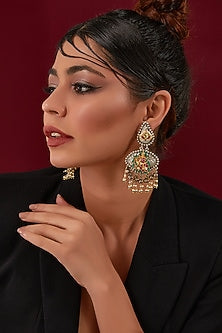 Oxidised Two-Tone Finish Red & Green Kundan Polki Dangler Earrings