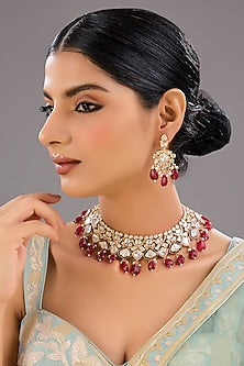Gold Finish Kundan Polki & Red Stone Necklace Set