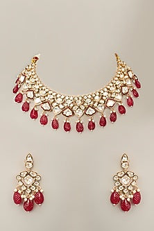 Gold Finish Kundan Polki & Red Stone Necklace Set