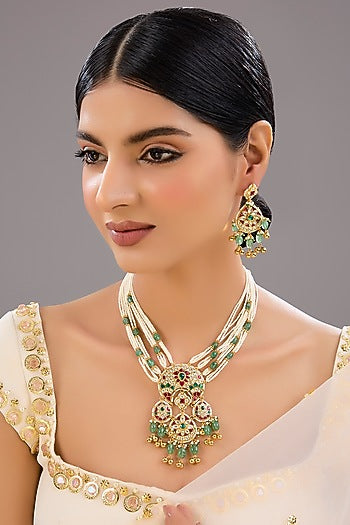 Gold Finish Kundan Polki & Pearl Necklace Set