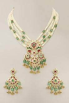 Gold Finish Kundan Polki & Pearl Necklace Set