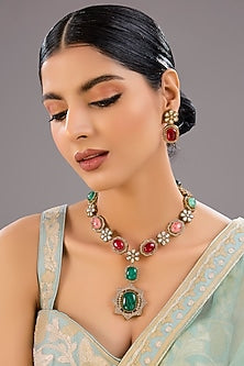 Two-Tone Finish Kundan Polki & Red Stone Necklace Set