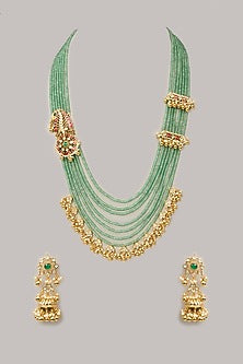 Two-Tone Finish Kundan Polki & Green Stone Long Mala Set