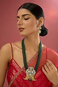 Two-Tone Finish Kundan Polki & Green Stone Long Mala Set