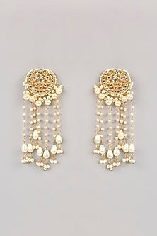 Gold Finish Kundan Polki & Pearl Dangler Earrings