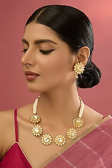Gold Finish Floral Kundan Polki & Pearl Choker Necklace Set