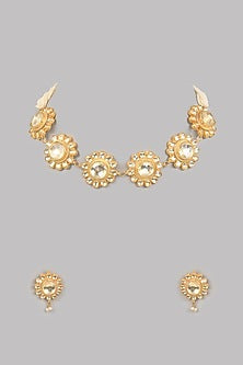Gold Finish Floral Kundan Polki & Pearl Choker Necklace Set