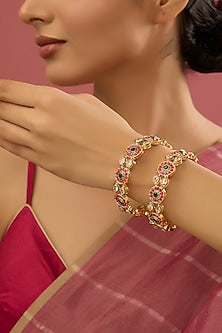 Gold Finish Multi-Colored Kundan Polki Bangles (Set of 2)