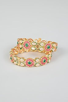 Gold Finish Multi-Colored Kundan Polki Bangles (Set of 2)
